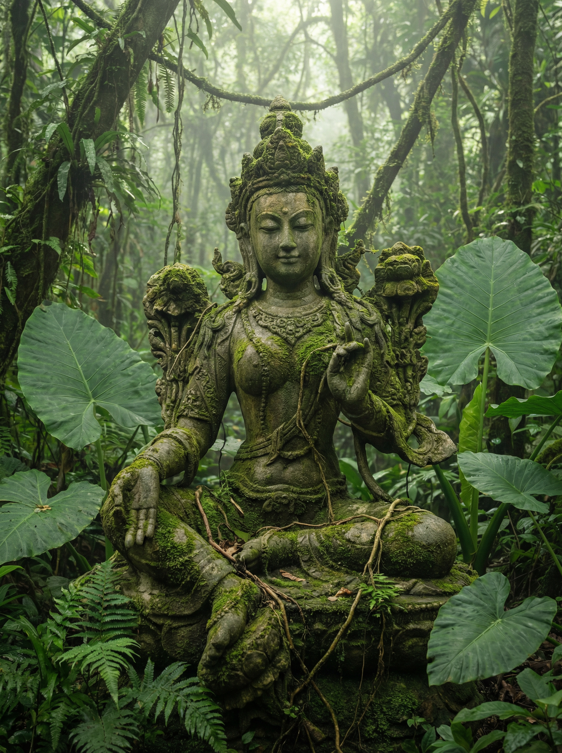 Ancient stone Green Tara bodhisattva statue surrounded by jungle vines and leaves
