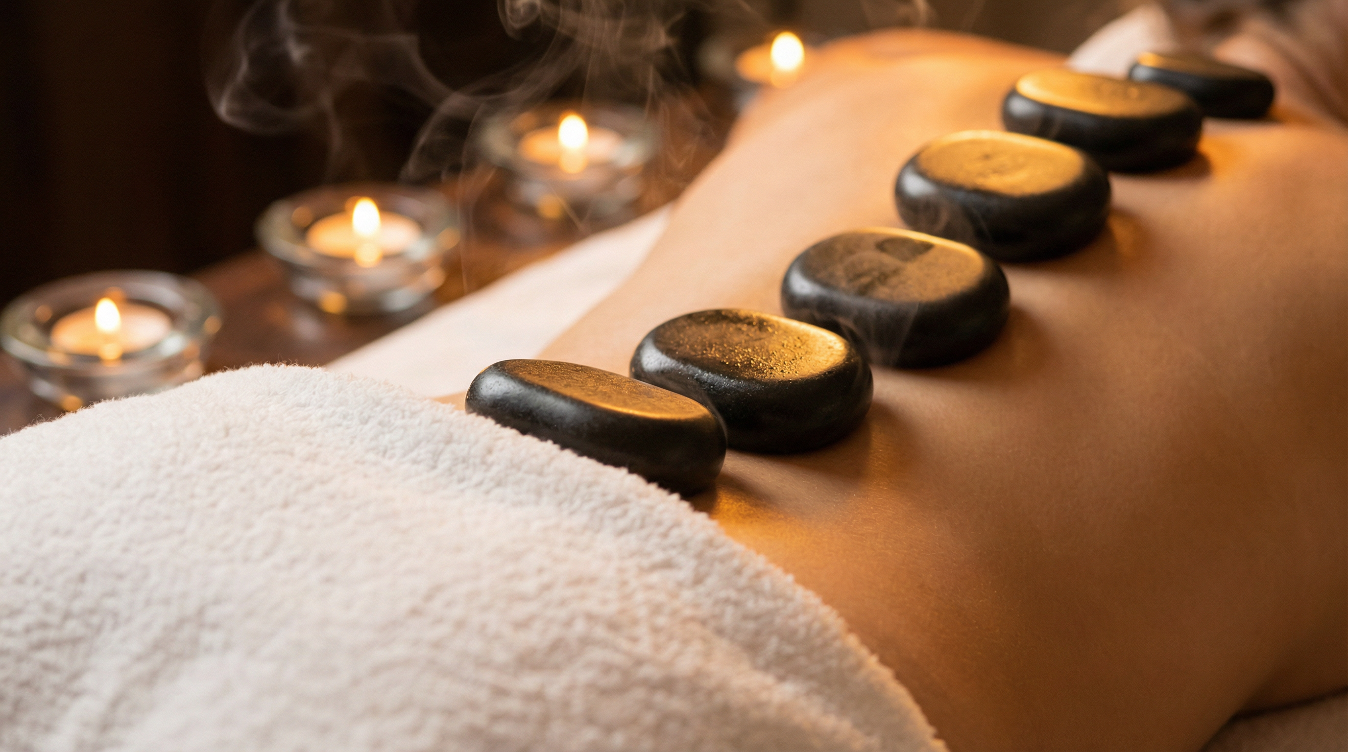 Black basalt hot stones on spa table with candlelight